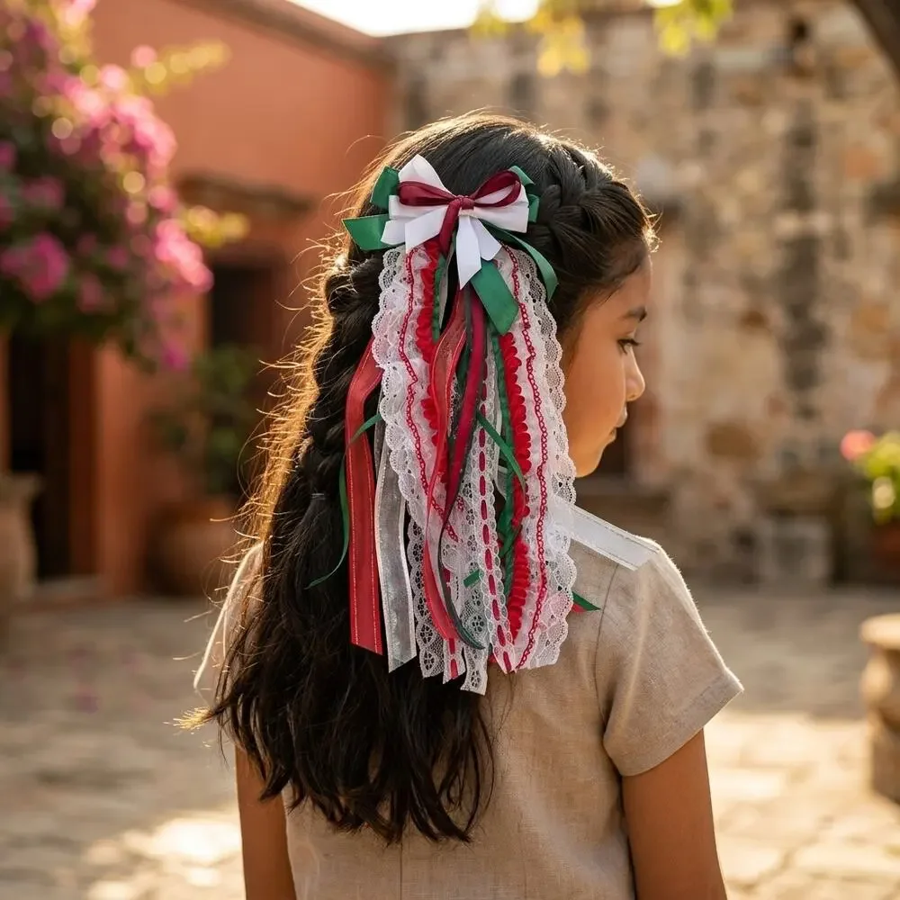 Mexican hair clip tri color lace and ribbon red green and white